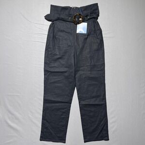 Majorelle Belted High Waist Black Trouser Pants‎ High Rise Size M Linen Blend